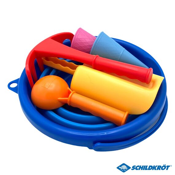 Schildkröt 7in1 Sand Toys Set, innovatives Sand-Spielset im Handtaschenformat, kompakt und platzsparend, Faltbarer 3 Liter Eimer mit 6 Sandspielzeugen zum Graben, Formen, Sieben und Rechen, 970244