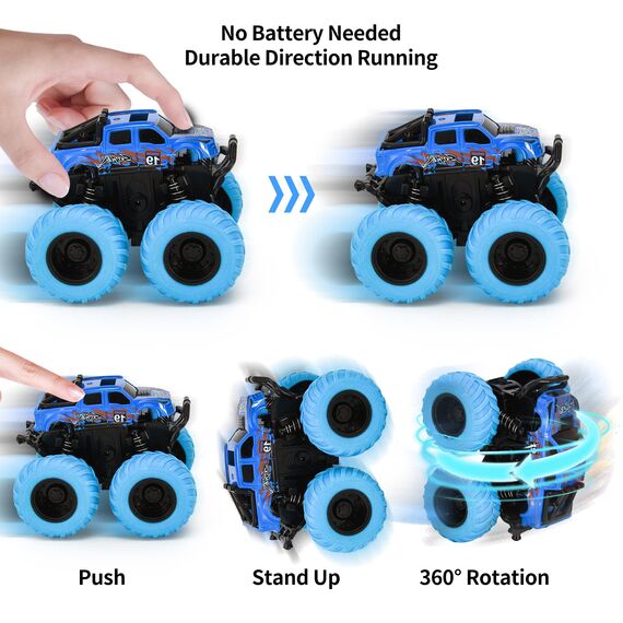 VoMii 2 Stück Spielzeugautos, Monster Truck für Kinder ab 3-10 Jahre, Große Gummiräder 4x4 Power Trägheitsbetriebene Fahrzeuge, 360° Stunt-Rotation, Rennwagen Spielsets für Kinder, 1:60 Scale