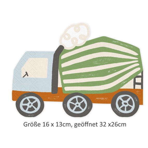 Servietten Betonmischer 20 Stück – 3-lagige Papierservietten Baustelle Fahrzeuge Partygeschirr Kindergeburtstag Laster Betonmixer