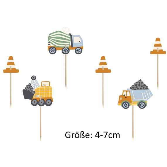 Set 6 Cake Topper Baustelle Fahrzeuge – Kuchenstecker Bagger Kran LKW Betonmischer Kuchendeko Kindergeburtstag Made in EU