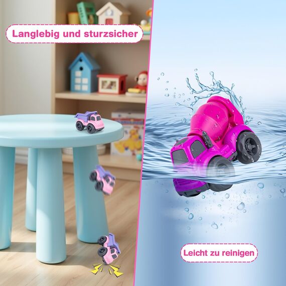 Cicili LKW Spielzeug ab 1 Jahr, Nachhaltiger Bio-Kunststoff Kinder Set ab 2 Jahr, Sandkasten Auto für Kleinkinder Mädchen Sandkasten-Spielzeug Kleine Fahrzeuge (Rosa)