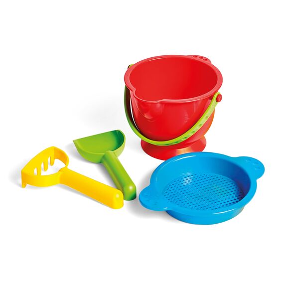 Hape Grundausstattung Strandspielzeug - Robustes Eimer- und Förmchen-Set für Strand und Sandkasten, Outdoor Sandspielzeug für Kleinkinder, Sandspielset für Kinder ab 18 Monaten