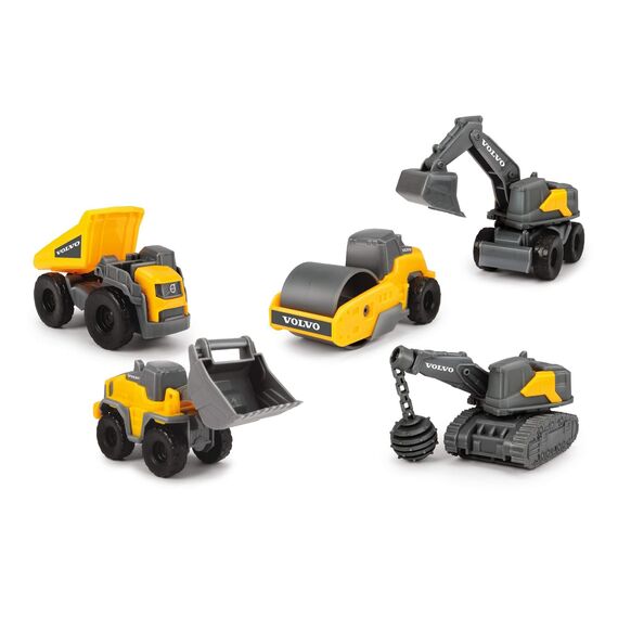 Dickie Toys Volvo Micro Workers 5er Set Baustellenfahrzeuge (je 10 cm) - Kinder Bagger Spielzeug, Radlader & Muldenkipper Auto Spielzeug mit Freilauf, Fahrzeuge ab 3 Jahren, gelb/grau - 203722008