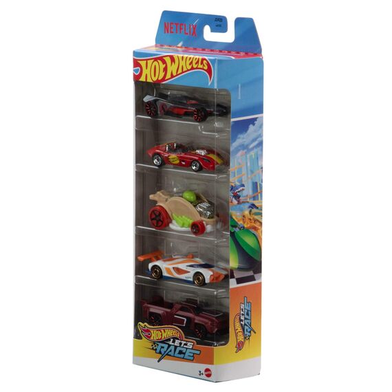 Hot Wheels Spielzeugautos, Set aus 5 Die-Cast-Fahrzeugen im Maßstab 1:64 aus der Netflix-Zeichentrickserie Let‘s Race, JDR20