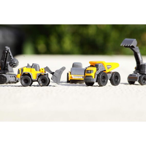 Dickie Toys Volvo Micro Workers 5er Set Baustellenfahrzeuge (je 10 cm) - Kinder Bagger Spielzeug, Radlader & Muldenkipper Auto Spielzeug mit Freilauf, Fahrzeuge ab 3 Jahren, gelb/grau - 203722008