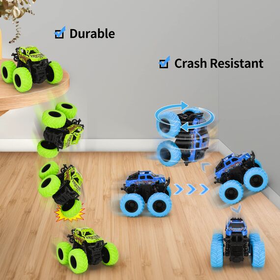 VoMii 2 Stück Spielzeugautos, Monster Truck für Kinder ab 3-10 Jahre, Große Gummiräder 4x4 Power Trägheitsbetriebene Fahrzeuge, 360° Stunt-Rotation, Rennwagen Spielsets für Kinder, 1:60 Scale
