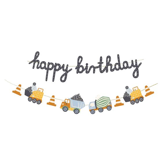 DIY Girlande Happy Birthday Fahrzeuge – Baustelle Party Deko Kindergeburtstag Junge, Laster Kran Betonmischer, Partykette 2 m, Made in EU