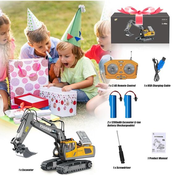 KIYTARBOO Ferngesteuertes Auto Bagger Spielzeug für ab 3 Jahre Sand Fahrzeuge Metall Ferngesteuert, 11CH, 2,4 GHz RC Bagger mit Licht und Sound 680° Drehung, Geschenke für Jungen ab 5 6 7 8 9 10 11 12
