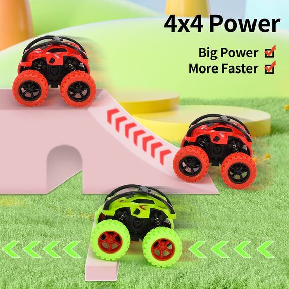 VoMii 2 Stück Monster Truck, Spielzeugauto für Kinder ab 3-10 Jahre, Große Gummiräder 4x4 Power Trägheitsbetriebene Fahrzeuge, 360° Stunt-Rotation, Rennwagen Spielsets für Kinder, 1:64 Scale