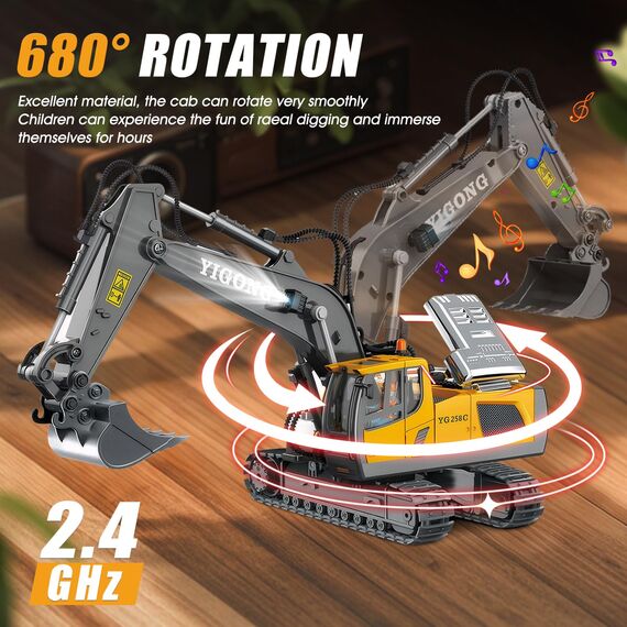 KIYTARBOO Ferngesteuertes Auto Bagger Spielzeug für ab 3 Jahre Sand Fahrzeuge Metall Ferngesteuert, 11CH, 2,4 GHz RC Bagger mit Licht und Sound 680° Drehung, Geschenke für Jungen ab 5 6 7 8 9 10 11 12