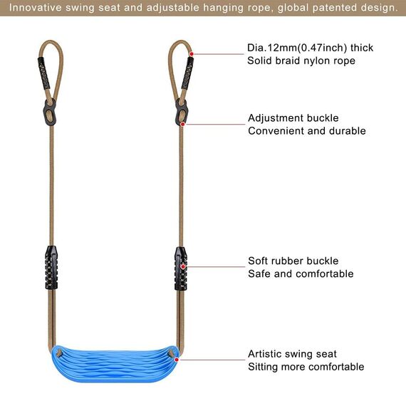 SELEWARE Garden Games Schaukelsitz aus robustem Set mit 2,04 m langem verstellbarem Seil und 2 Karabinern, Robustes schaukel Outdoor Garten schaukel blau