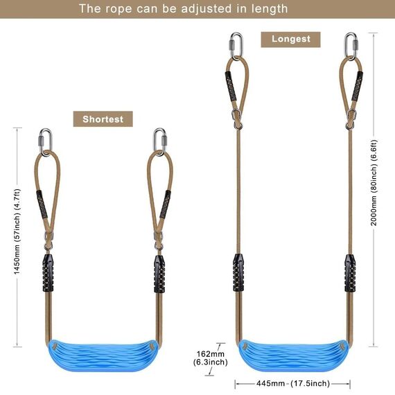 SELEWARE Rutschfester Kunststoff-Schaukelsitz, robustes Baumschaukel-Set mit verstellbarem Seil und Karabinern für Kinder und Erwachsene, für den Innen- und Außenbereich, Blau, 2er-Pack