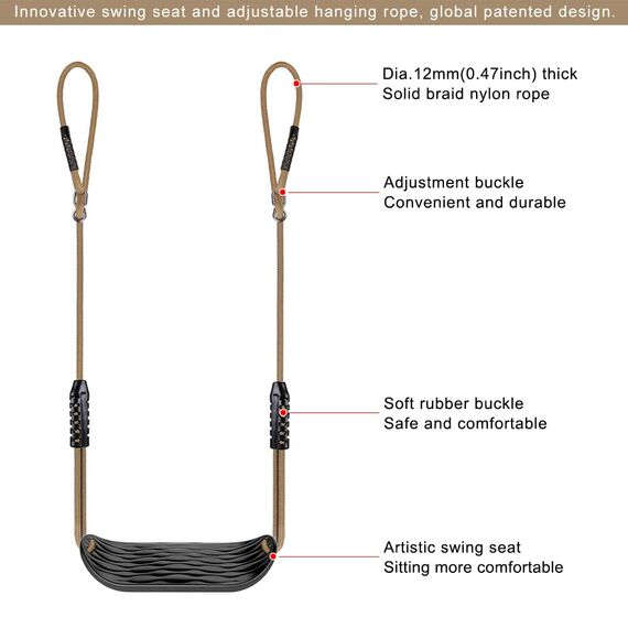 SELEWARE Garden Games Schaukelsitz aus Robustem Set mit 2m Langem Verstellbarem Seil und 2 Karabinern, Robustes Schaukel Outdoor Garten Schaukel Schwarz