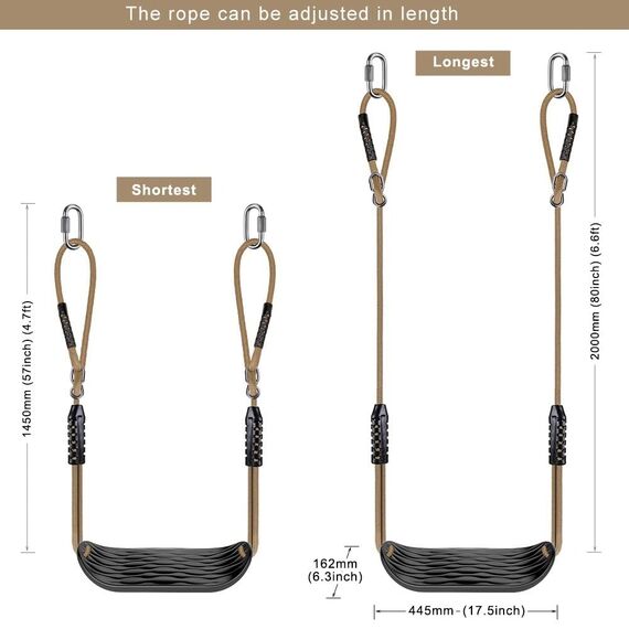 SELEWARE Garden Games Schaukelsitz aus Robustem Set mit 2m Langem Verstellbarem Seil und 2 Karabinern, Robustes Schaukel Outdoor Garten Schaukel Schwarz