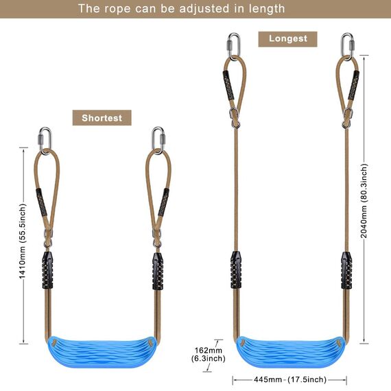 SELEWARE Garden Games Schaukelsitz aus robustem Set mit 2,04 m langem verstellbarem Seil und 2 Karabinern, Robustes schaukel Outdoor Garten schaukel blau