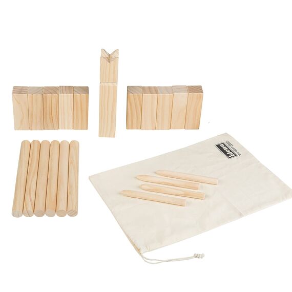 Idena 40175 - Kubb Spiel mit 10 Kubbs, 6 Wurfhölzern, König und 4 Eckstäben, inklusive Transport- und Aufbewahrungsbeutel