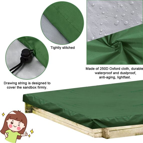 PERFETSELL Sandkastenabdeckungen 125cm*125cm Wasserdicht Sandkasten Abdeckung Oxford-Stoff Grün Sandkästen Abdeckplane mit Kordelzug für Sandkästen