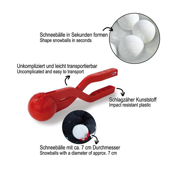 JAMARA 460394 - Snow Play Schneeballzange 38cm rot – Schneebälle (ca. 7 cm Durchmesser) in Sekunden Formen, nie Wieder kalte Hände, Schneebälle sind fluffig und Nicht so hart wie die Handgemachten