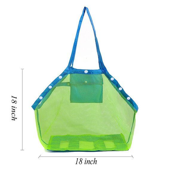 COOLGOEU Strandtasche Strandspielzeug Tasche XXL Groß für Sandspielzeug Wasserspielzeug für Kinder Aufräumsack Spielsack Badetasche Beachbag Faltbar für Familie Urlaub (Grün Mesh/Blau Strap)