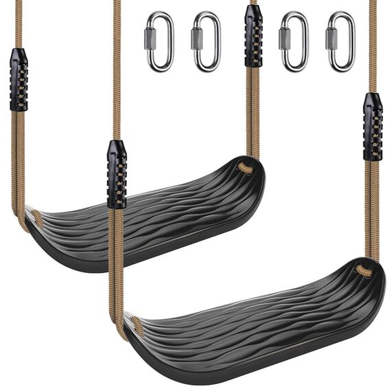 SELEWARE Kunststoff-Schaukelsitz, rutschfestes Baumschaukel-Set mit verstellbarem Seil & 4 Karabinern, robustes Spielplatz-Schaukel-Set, Kinder, Innen- und Außenbereich, Hinterhof, Schwarz, 2er-Pack