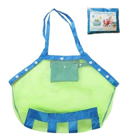 COOLGOEU Strandtasche Strandspielzeug Tasche XXL Groß für Sandspielzeug Wasserspielzeug für Kinder Aufräumsack Spielsack Badetasche Beachbag Faltbar für Familie Urlaub (Grün Mesh/Blau Strap)
