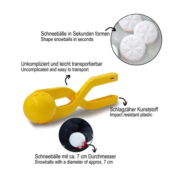 JAMARA 460396 - Snow Play Schneeballzange 38cm - Schneebälle (ca. 7 cm Durchmesser) in Sekunden Formen, nie Wieder kalte Hände, Schneebälle sind fluffig und Nicht so hart wie die Handgemachten, gelb