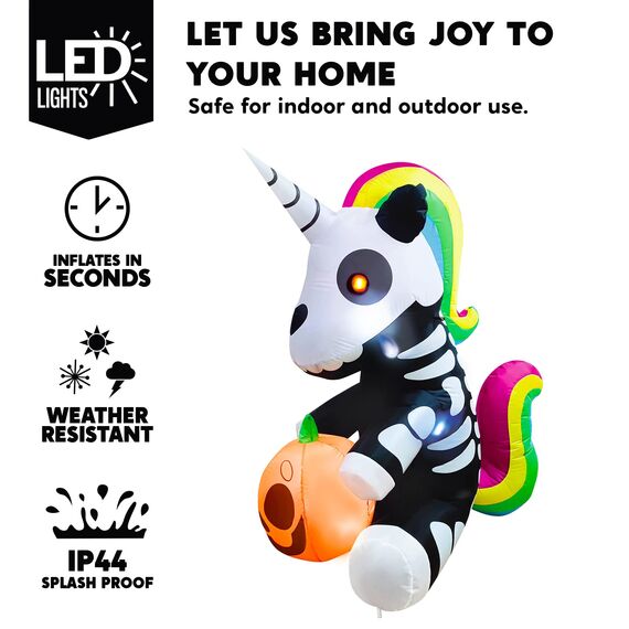 Joiedomi Aufblasbares Halloween-Skelett-Einhorn, 152 cm, aufblasbar, mit eingebauten LEDs, aufblasbar, für Halloween-Party, drinnen, draußen, Hof, Garten, Rasendekorationen