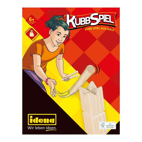Idena 40175 - Kubb Spiel mit 10 Kubbs, 6 Wurfhölzern, König und 4 Eckstäben, inklusive Transport- und Aufbewahrungsbeutel