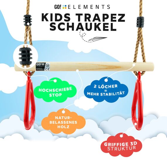 Trapez Schaukel Garten | Kinderschaukel Outdoor Indoor | Höhenverstellbar & rutschfest | Schaukelsitz - Schaukelbrett - Brettschaukel | robuste Schaukel mit Holzstange & Kunststoffringen