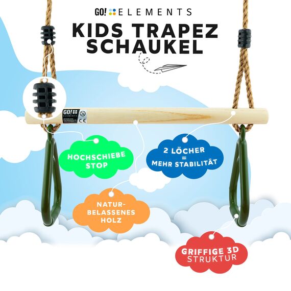 Trapez Schaukel Garten | Kinderschaukel Outdoor Indoor | Höhenverstellbar & rutschfest | Schaukelsitz - Schaukelbrett - Brettschaukel | robuste Schaukel mit Holzstange & Kunststoffringen