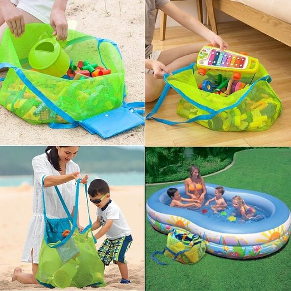 COOLGOEU Strandtasche Strandspielzeug Tasche XXL Groß für Sandspielzeug Wasserspielzeug für Kinder Aufräumsack Spielsack Badetasche Beachbag Faltbar für Familie Urlaub (Grün Mesh/Blau Strap)