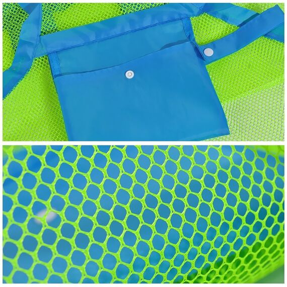 COOLGOEU Strandtasche Strandspielzeug Tasche XXL Groß für Sandspielzeug Wasserspielzeug für Kinder Aufräumsack Spielsack Badetasche Beachbag Faltbar für Familie Urlaub (Grün Mesh/Blau Strap)