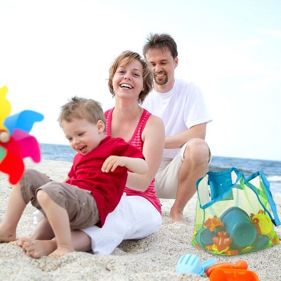 COOLGOEU Strandtasche Strandspielzeug Tasche XXL Groß für Sandspielzeug Wasserspielzeug für Kinder Aufräumsack Spielsack Badetasche Beachbag Faltbar für Familie Urlaub (Grün Mesh/Blau Strap)