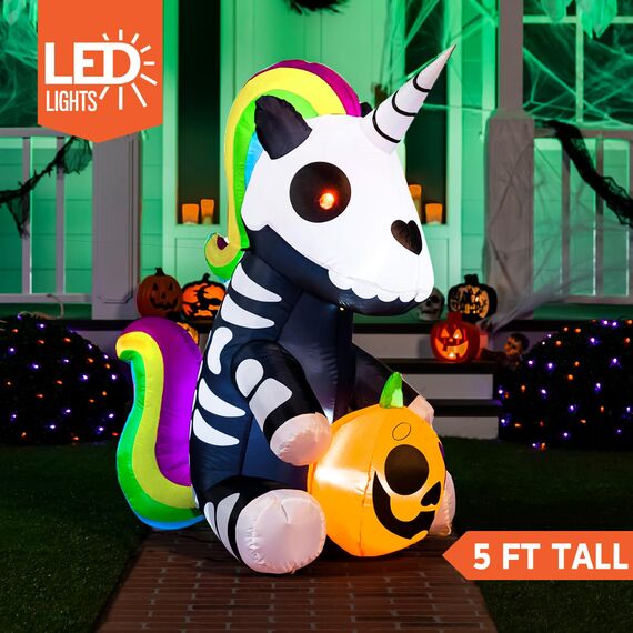 Joiedomi Aufblasbares Halloween-Skelett-Einhorn, 152 cm, aufblasbar, mit eingebauten LEDs, aufblasbar, für Halloween-Party, drinnen, draußen, Hof, Garten, Rasendekorationen
