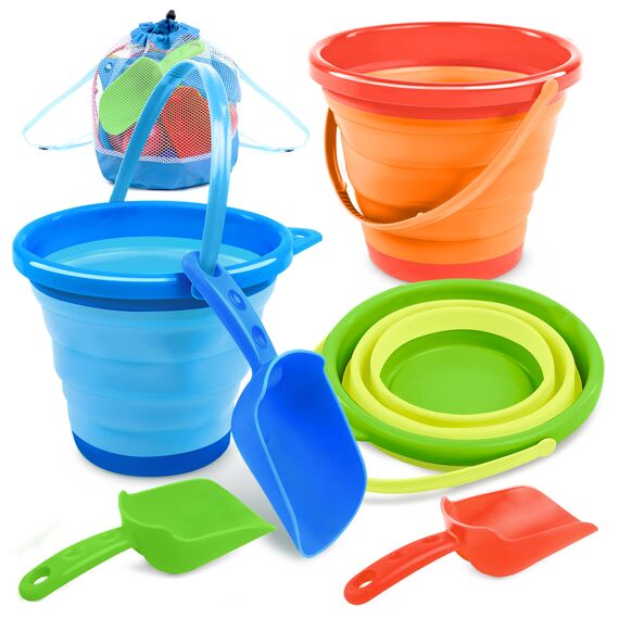 JOYIN 3 Pack Runde, Faltbare Eimer mit Schaufeln und Netzbeutel, Faltbare Eimer für Verschiedene Zwecke am Strand (Orange/Blau/Grün)