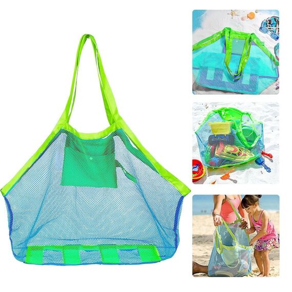 COOLGOEU Strandtasche Strandspielzeug Tasche XXL Groß für Sandspielzeug Wasserspielzeug für Kinder Aufräumsack Spielsack Badetasche Beachbag Faltbar für Familie Urlaub (Grün&Blau(2 Stück))