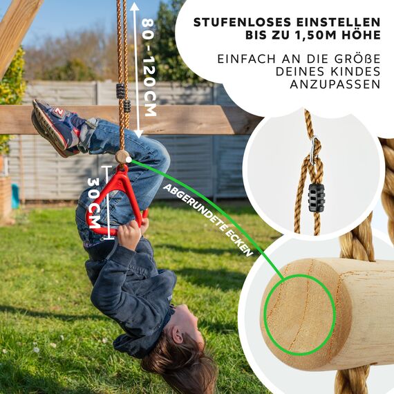 Trapez Schaukel Garten | Kinderschaukel Outdoor Indoor | Höhenverstellbar & rutschfest | Schaukelsitz - Schaukelbrett - Brettschaukel | robuste Schaukel mit Holzstange & Kunststoffringen