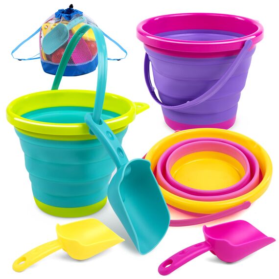 JOYIN 3 Packungen Faltbares Strand Eimer Set，Sandkasten Faltbare Sandspielzeug Eimer mit Netz-Rücksack für Kinder, Campingausrüstung, Sandparty