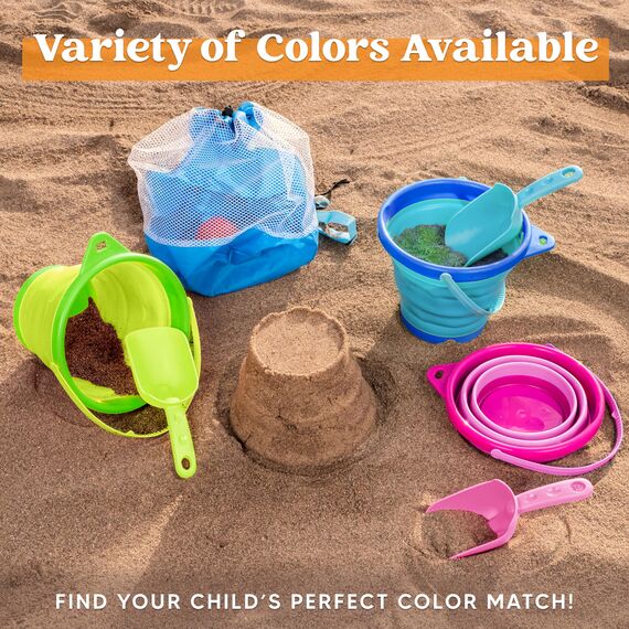 JOYIN 3 Pcs Faltbarer Eimer mit Schaufeln und Netztasche, Mehrzweckeimer für Strand, Campingausrüstung, Strandparty, Angeln und lustige Sommeraktivitäten, 3 Packungen (blau/rosa/grün)