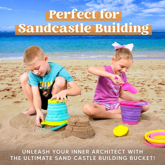 JOYIN 3 Packungen Faltbares Strand Eimer Set，Sandkasten Faltbare Sandspielzeug Eimer mit Netz-Rücksack für Kinder, Campingausrüstung, Sandparty