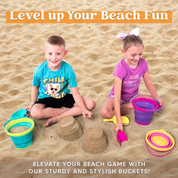 JOYIN 3 Packungen Faltbares Strand Eimer Set，Sandkasten Faltbare Sandspielzeug Eimer mit Netz-Rücksack für Kinder, Campingausrüstung, Sandparty