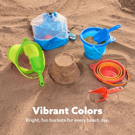 JOYIN 3 Pack Runde, Faltbare Eimer mit Schaufeln und Netzbeutel, Faltbare Eimer für Verschiedene Zwecke am Strand (Orange/Blau/Grün)