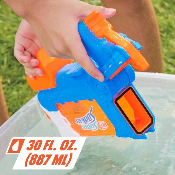 Nerf Super Soaker Flip Fill Wasserblaster mit 4 Modi (Einzelstrahl, Streustrahl und Fächerstrahl), schnelles Befüllen, Outdoorspielzeug mit 887 ml Tank, Wasserspiel für Jungen und Mädchen