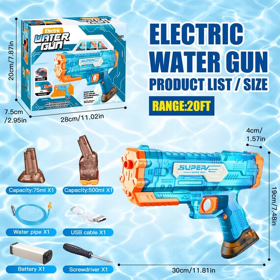 Wasserpistole Elektrisch,Wasserpistole Große Reichweite für Kinder Erwachsene 500cc + 78cc Großer Kapazität Wasserpistole Automatische Wasserpistole Max Reichweite 32 FT für Sommer/Pool/Beach