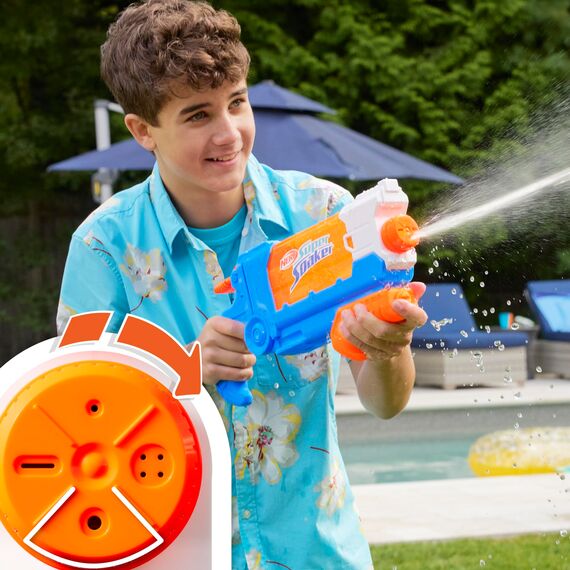 Nerf Super Soaker Flip Fill Wasserblaster mit 4 Modi (Einzelstrahl, Streustrahl und Fächerstrahl), schnelles Befüllen, Outdoorspielzeug mit 887 ml Tank, Wasserspiel für Jungen und Mädchen