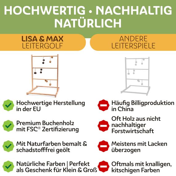 LISA & MAX Leitergolf Outdoor aus FSC® zertifiziertem Holz - Test SEHR GUT - Robustes & Natürliches Leiterspiel mit 6X Leitergolf Bällen - Outdoor Wurfspiel - Made in EU