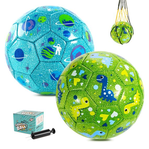 U&C Planet 2er Pack Größe 2 Fußball für Kinder 1-6 Jahre Glitzerndes Dinosaurier & Planet Design Inkl. 1 Handpumpe & 2 Tragenetzen Indoor & Outdoor Spielzeug Geschenk
