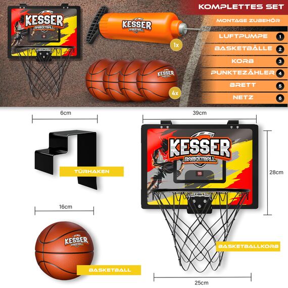 KESSER® Mini-Basketballkorb fürs Zimmer & Büro | Tür-Basketballkorb Indoor & Outdoor | Basketball-Board für Kinder-Zimmer & Wandmontage | Basketballbrett inkl. Ballnetz Pumpe & Ball | Deutschland