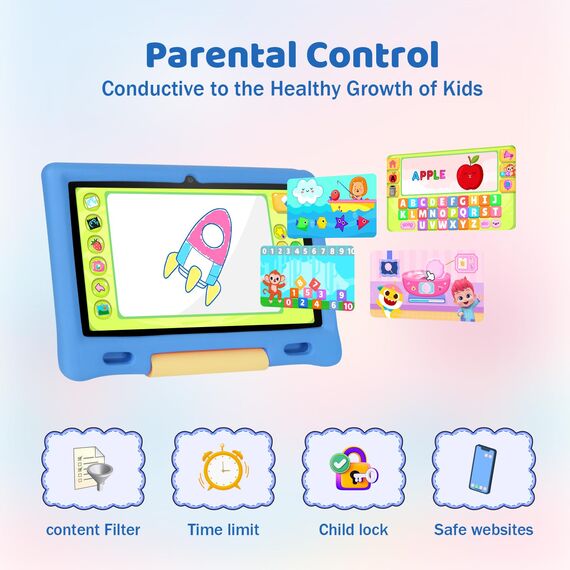 Ainmel Kinder Tablet 10 Zoll Octa-Core Android 14 Tablet für Kinder, 16GB+128GB (1TB TF), Kindersicherung, WiFi 6/Bluetooth 5.3, Widevine L1 mit Kindersicheres Gehäuse -Blau