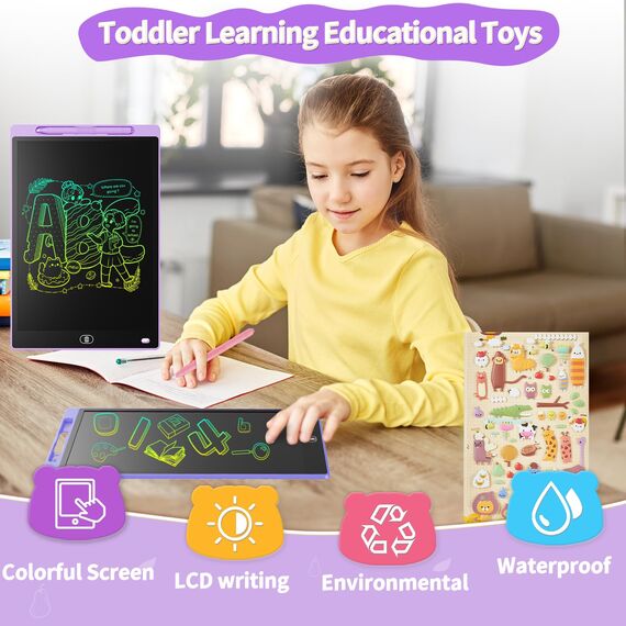 [2 STÜCKE] LCD Schreibtafel 12 Zoll, Genialba Buntes LCD Schreibtablett, LCD Writing Tablet, Elektronischer Tablette, Grafiktablett für Kinderspiele 2 3 4 5 6 7 Jahre Jungen Mädchen (Rosa&Viola)